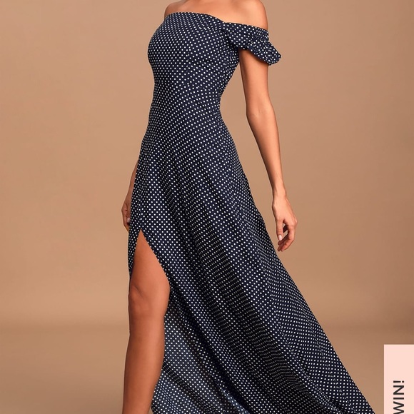 Navy Polka Dot Off theShoulder Maxi Dress Lulus - Picture 2 of 5